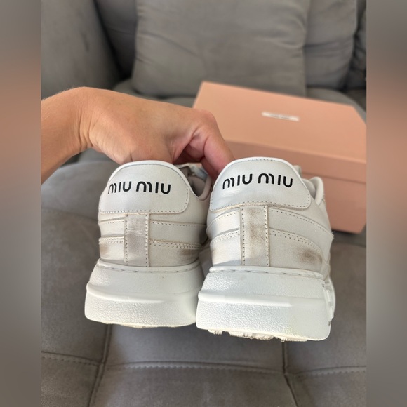 MIU MIU White Bleached Leather Sneakers Women’s Low Top Size US 8 EUR 39 Pre-Own - Picture 4 of 16